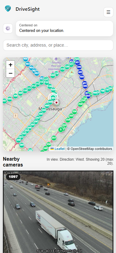 DriveSight route view and nearby cameras on mobile